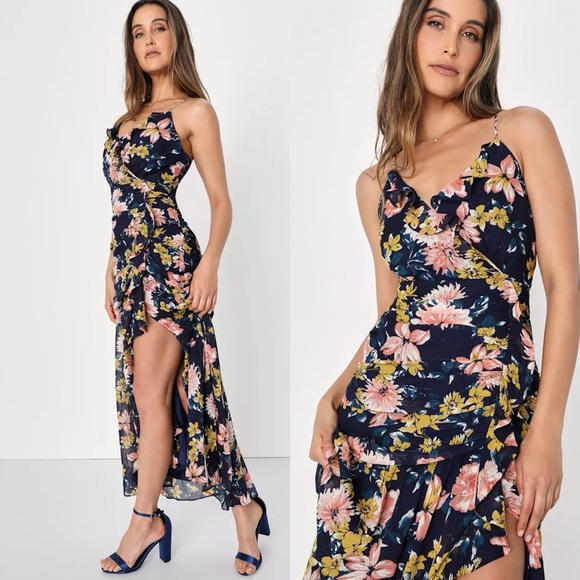 Lulus Stunning Soiree Navy Blue Floral Print Ruched Midi Dress Ruffles Medium - Picture 2 of 16